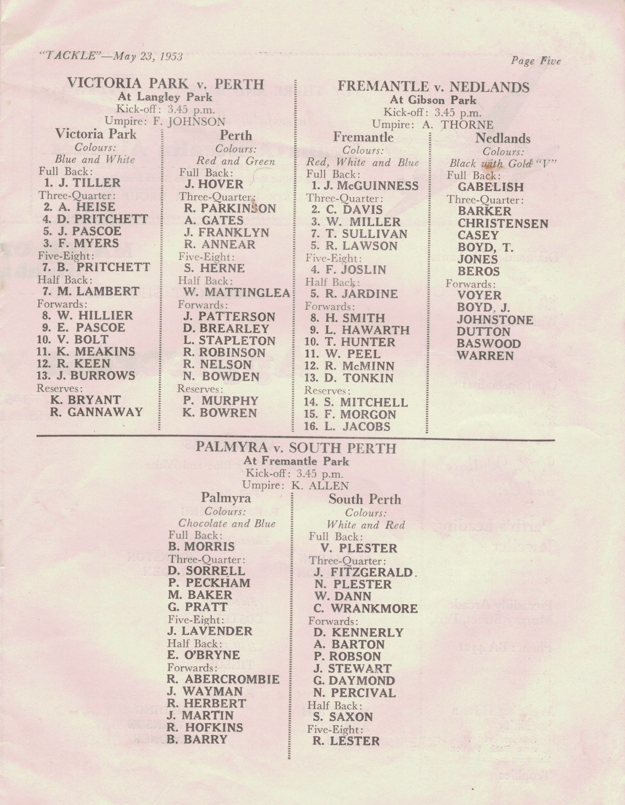 1953 Programme Team List