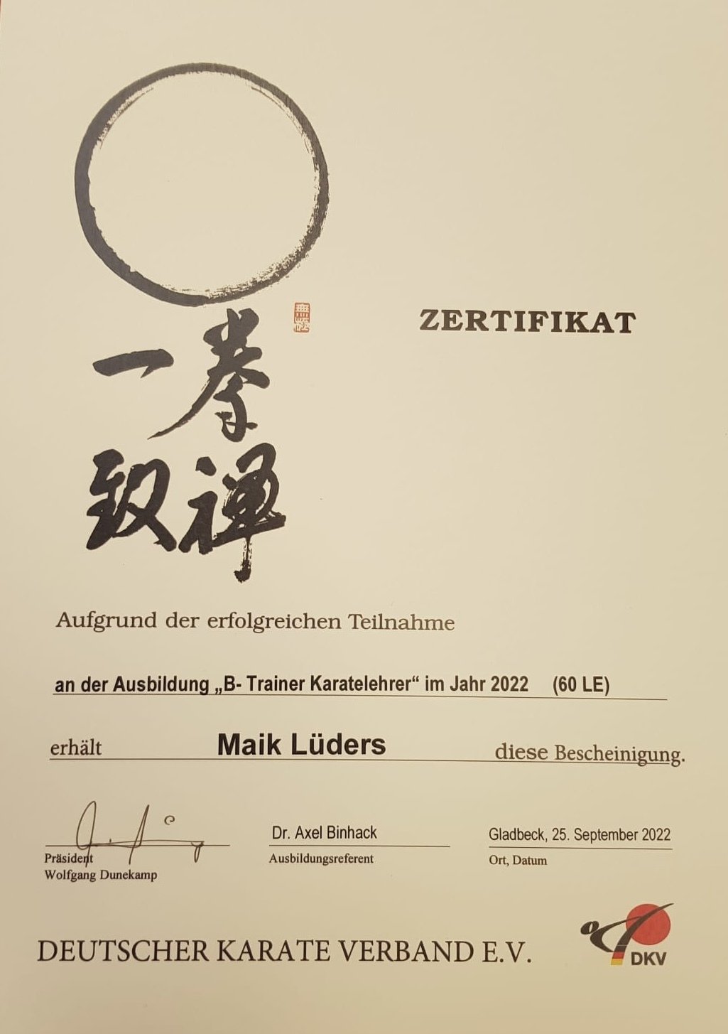 25.09.2022 - Maik Lüders absolviert DKV-Karatelehrer-Ausbildung