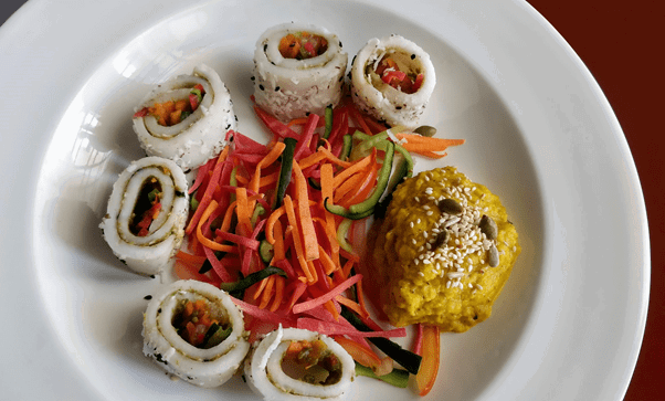 Barnyard Millet Sushi with Tapioca and Pumpkin/Pineapple Dip