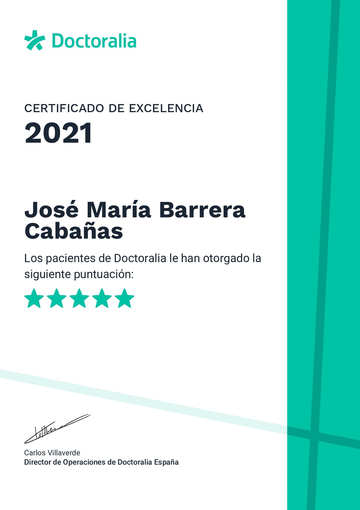 Certificado de excelencia 2021 de Doctoralia