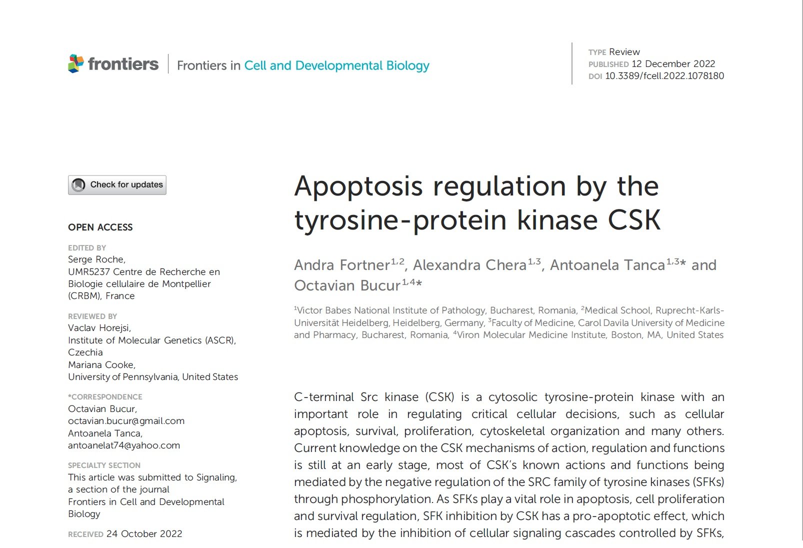 Review manuscript by Andra Fortner and Alexandra Chera is now published in Front Cell Dev Biol (IF 6)