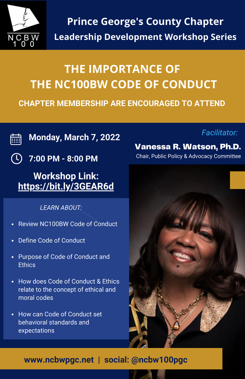 IMPORTANCE OF THE NC100BW CODE OF CONDUCT, Workshop Facilitator, Dr. Vanessa Watson