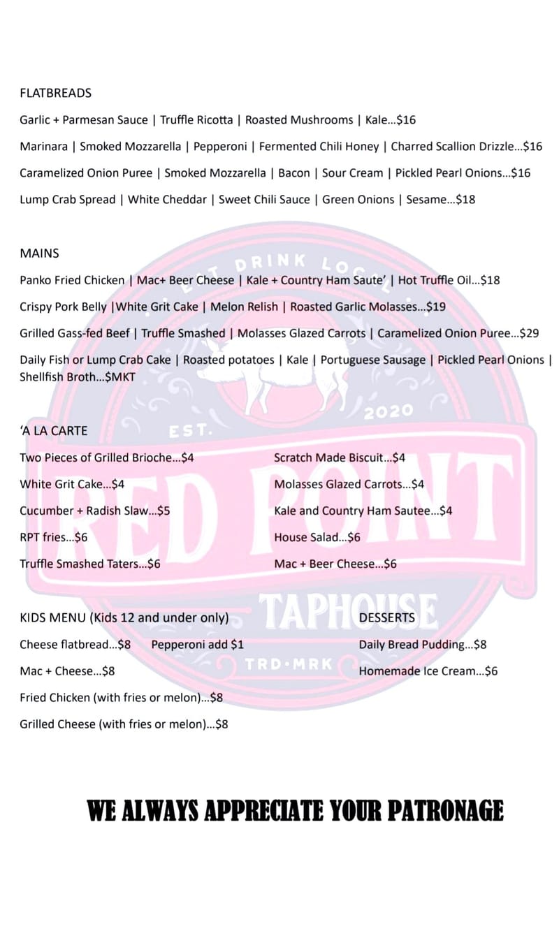 Menu Red Point Taphouse