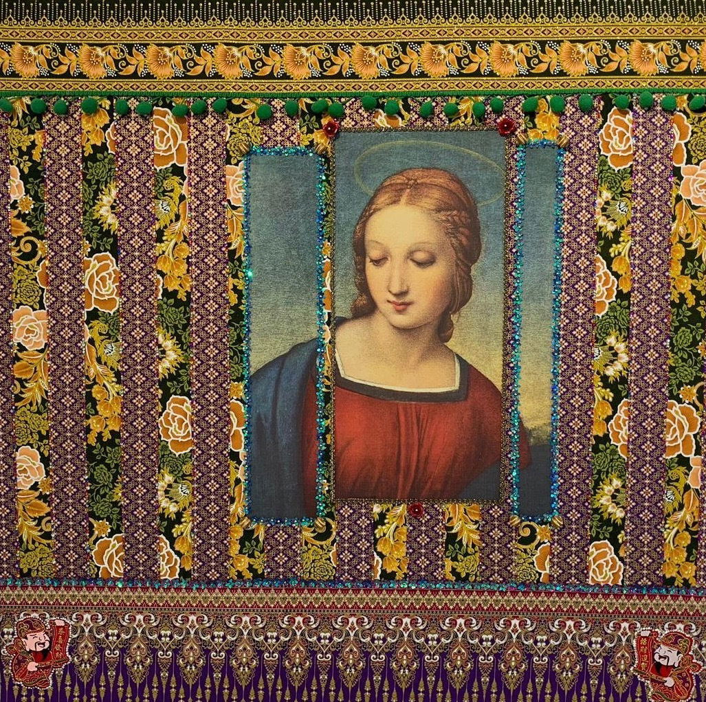 Madonna im Grünen, 80x80cm, Collage auf Leinwand