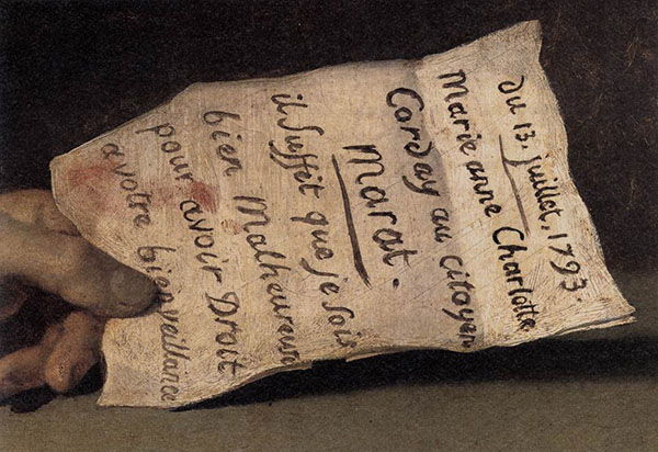 2. Detalle de la obra, la muerte de Marat, en la que aparace el nombre de su asesina, Charlotte Corday.