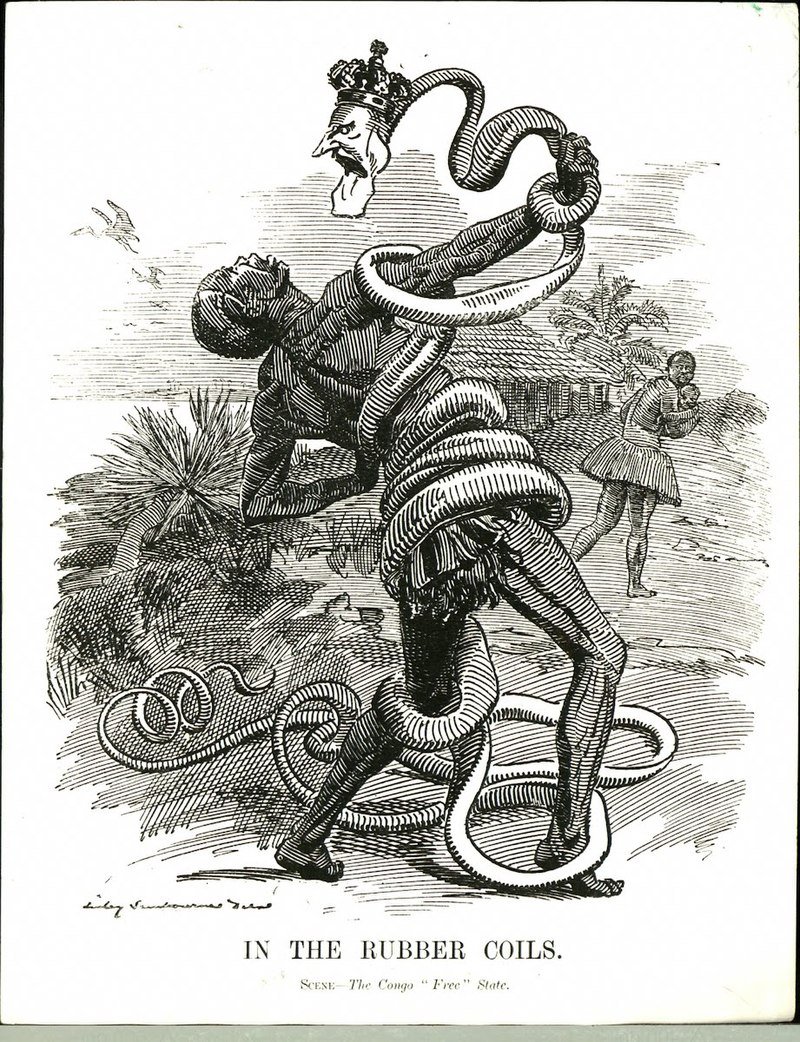 20. Caricatura donde se a representa a Leopoldo II como una liana de caucho deborando a un congoleño.
