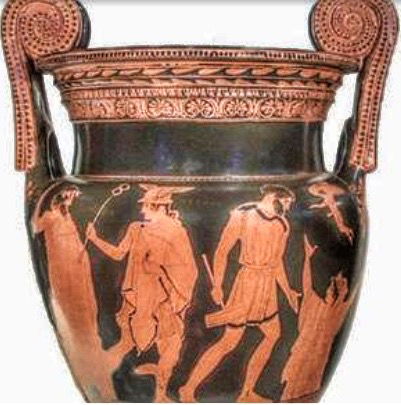 1.-Nacimiento de Pandora, Zeus con el cetro, Hermes, Hefestos con el martillo