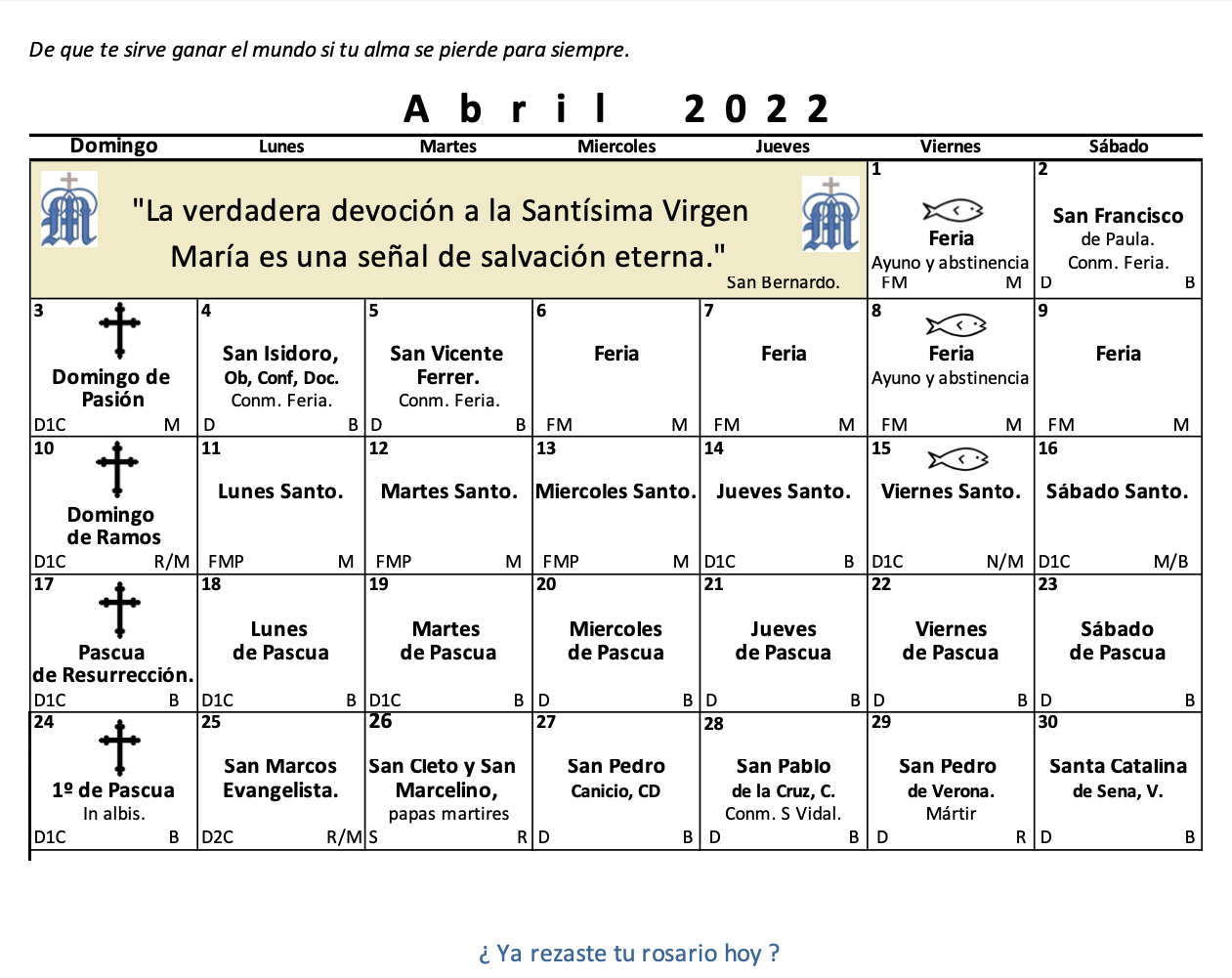 Calendario católico tradicional.