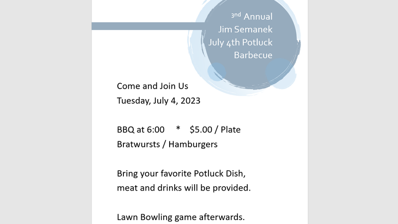 3rd Annual Jim Semanek July 4 Potluck & BBQ