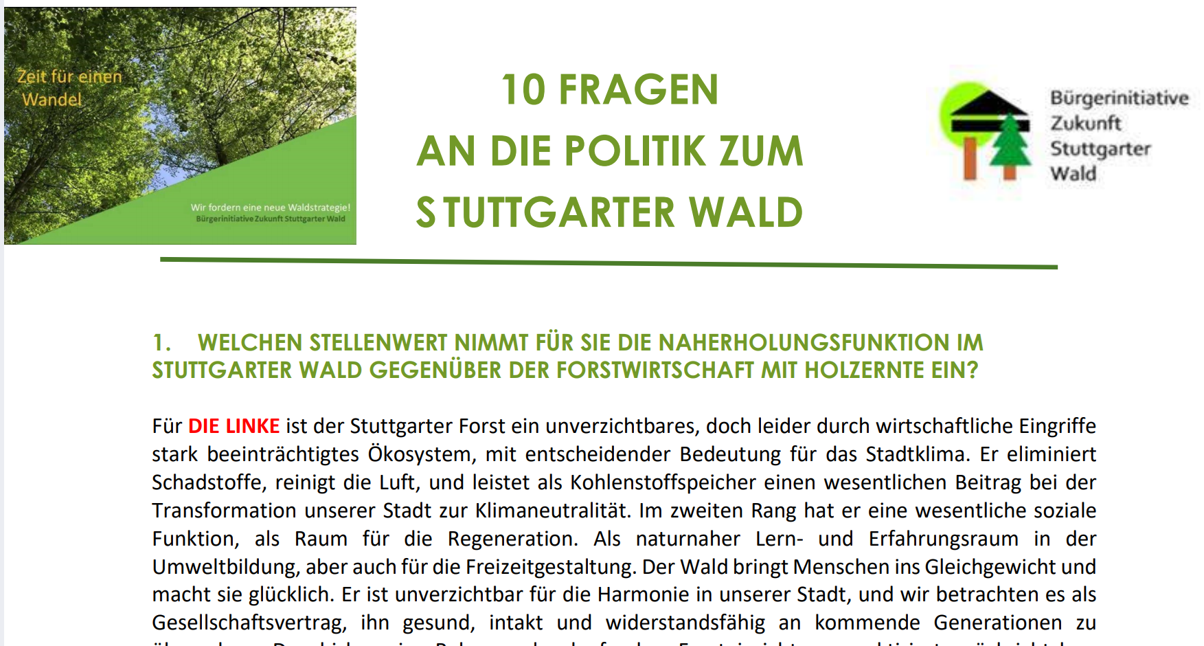 10 Fragen zum Stuttgarter - Wald - wie die Parteien im Gemeinderat noch vor Kurzem zum Wald Stellung bezogen haben!