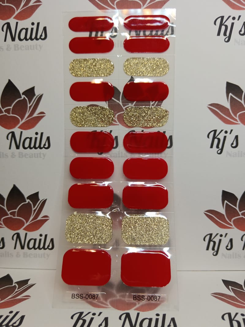 Red and Gold Gel Wrap Kj's Nails
