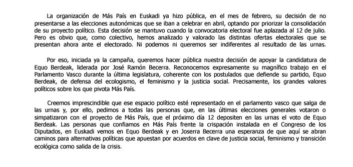 Comunicado oficial: Más Euskadi pide el voto para Equo Berdeak en las elecciones del 12 de julio.