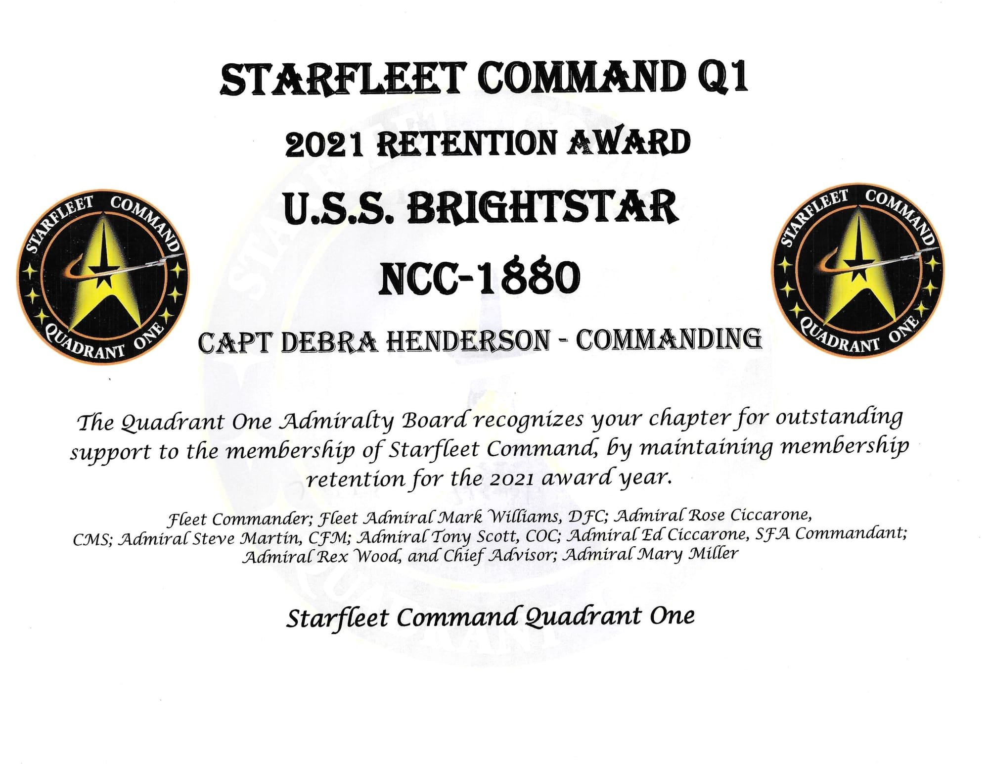 'Retention Award' (STARFLEET COMMAND AWARD) 2021