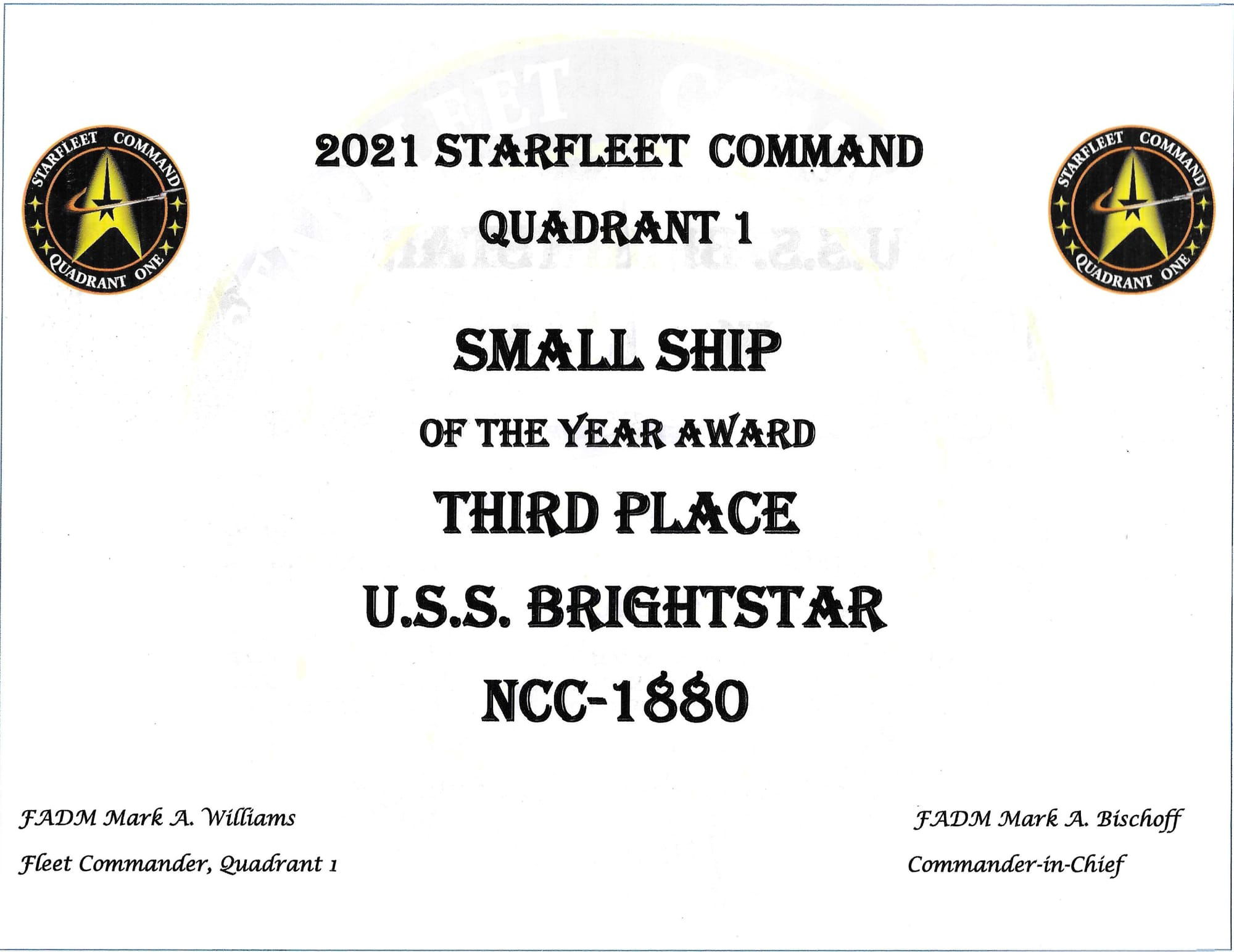 'SMALL SHIP OF THE YEAR' Third Place (STARFLEET COMMAND AWARD) 2021