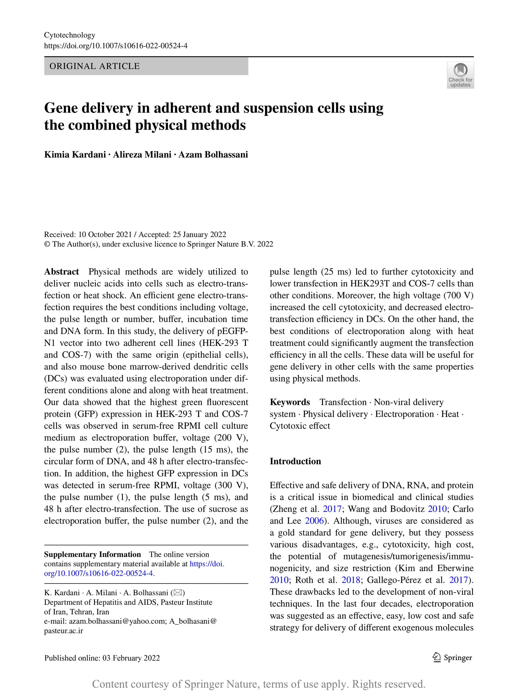Gene delivery in adherent and suspension cells using the combined physical methods
