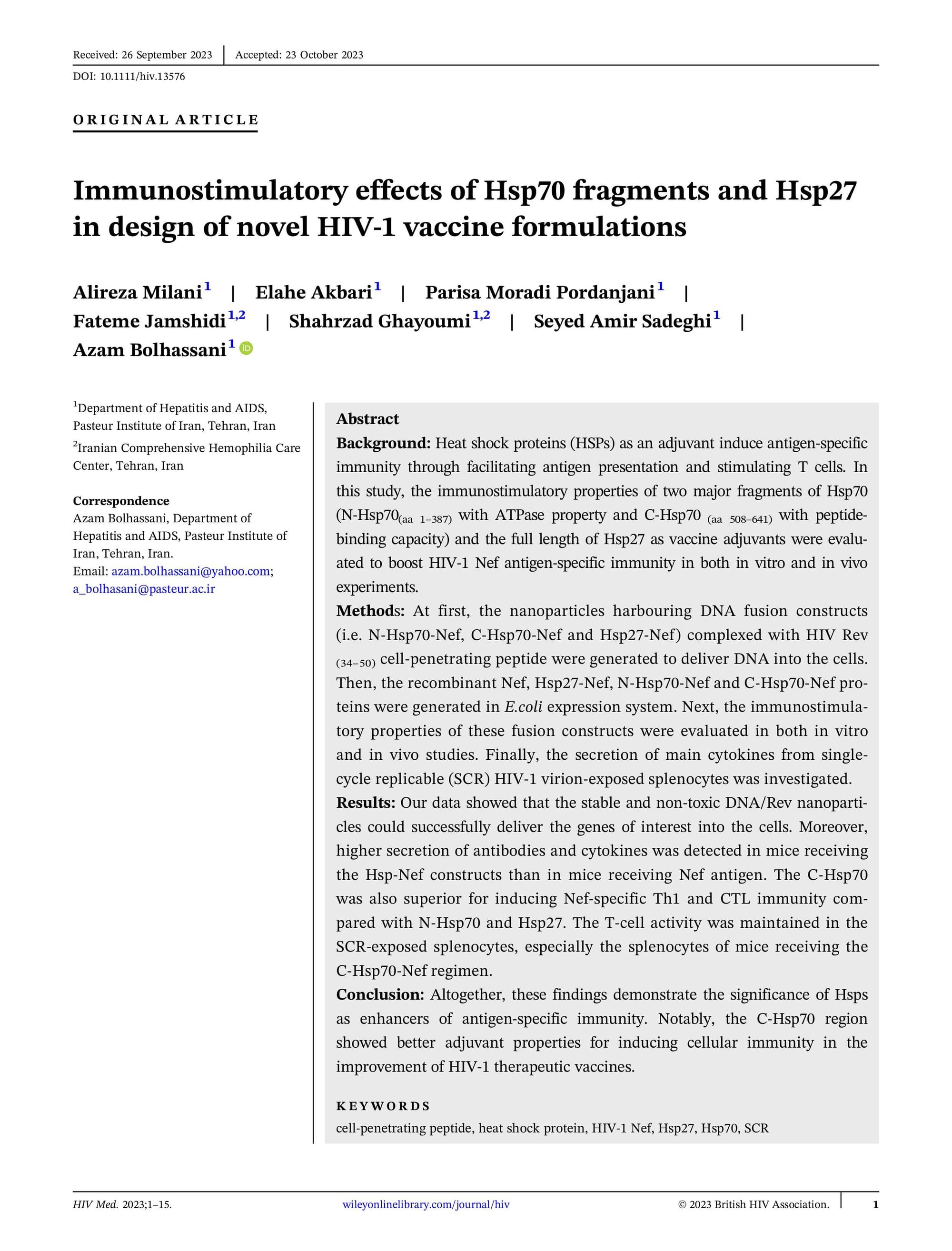 Immunostimulatory effects of Hsp70 fragments and Hsp27 in design of novel HIV‐1 vaccine formulations.