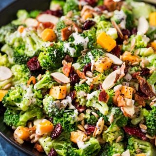 Chilled Broccoli and bacon salad, with dried tart cherries.
