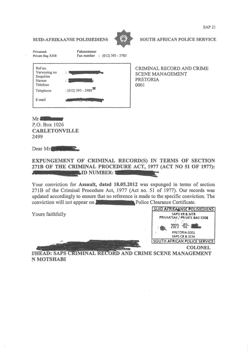 SAMPLE CRIMINAL RECORD EXPUNGEMENT LETTER SOUTH AFRICA