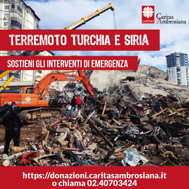 Sostegno a Caritas Ambrosiana per il terremoto in Turchia e Siria