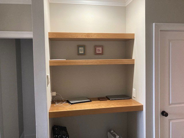 custom mudroom standing desk w/floating shelves