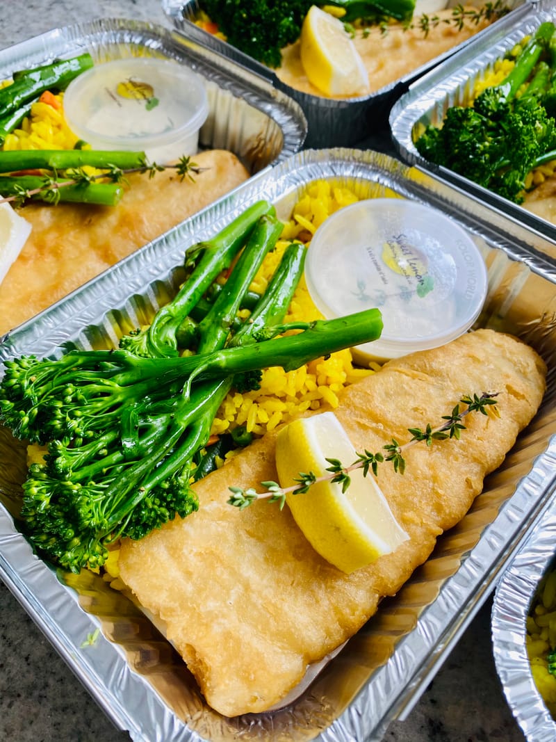 Battered Hake, Savoury Rice and Veg served with Tartar Sauce - Sweet