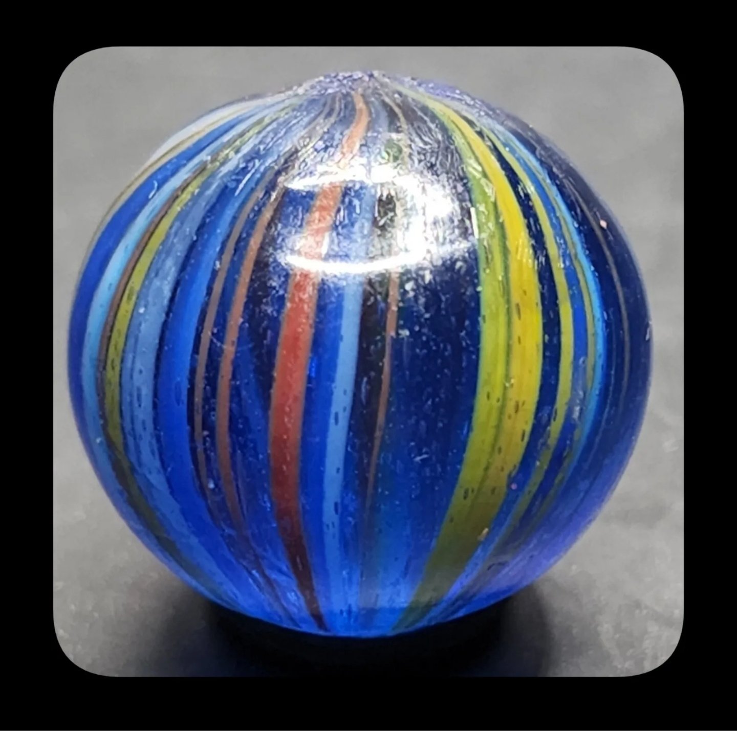 $88 11/16"+ Dark Blue Glass Banded Swirl w/ inner strand core Mint Asmade
