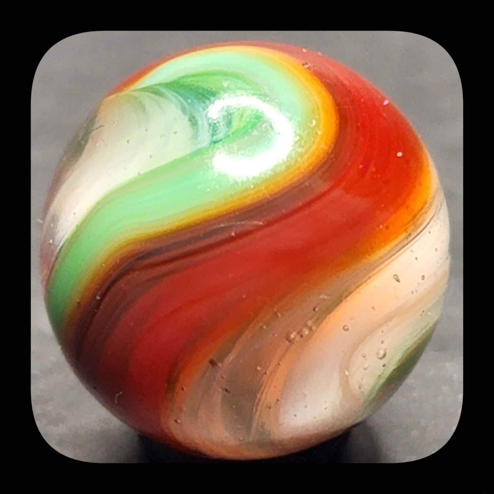 $77 5/8" Akro Agate Hybrid Popeye with Red, Orange , Brick and several shades of Green  NM++