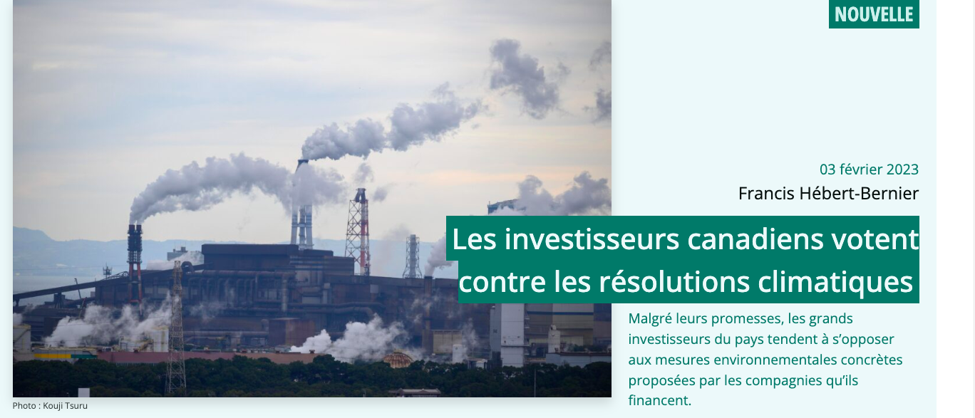 3 février 2023 - Les investisseurs canadiens votent contre les résolutions climatiques