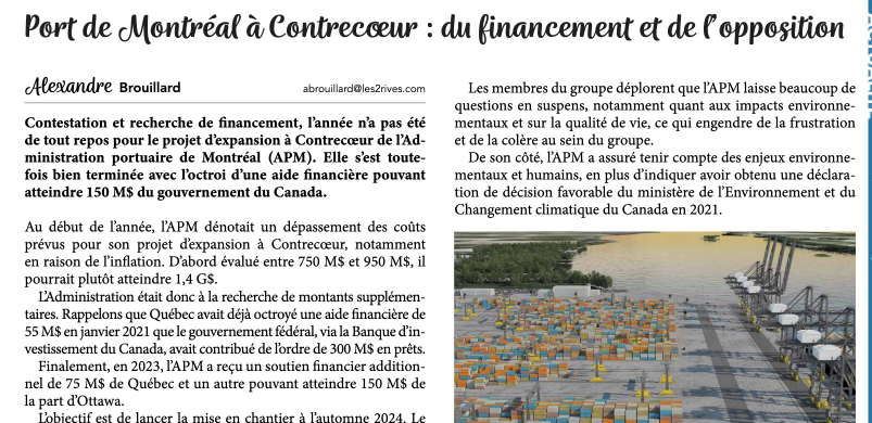 le 26 décembre 2023- Le port de Montréal à Contrecoeur : du financement et de l'opposition