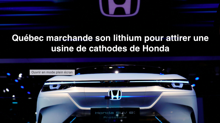 Le 27 mars 2024 - Québec marchande son lithium pour attirer une usine de cathodes de Honda