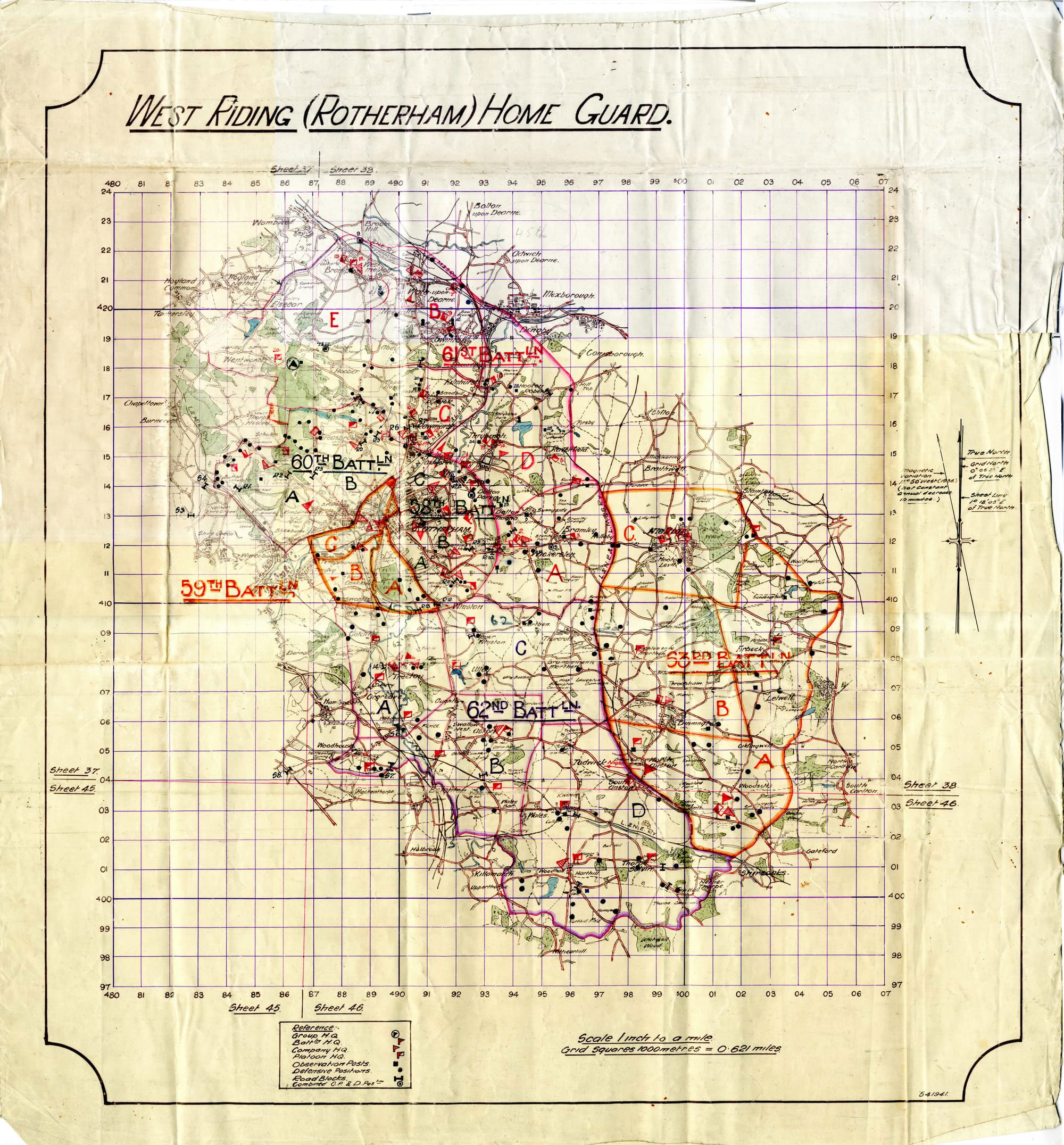 WW2 Home Guard Map of Rotherham Showing Numbered Battalion Locations
