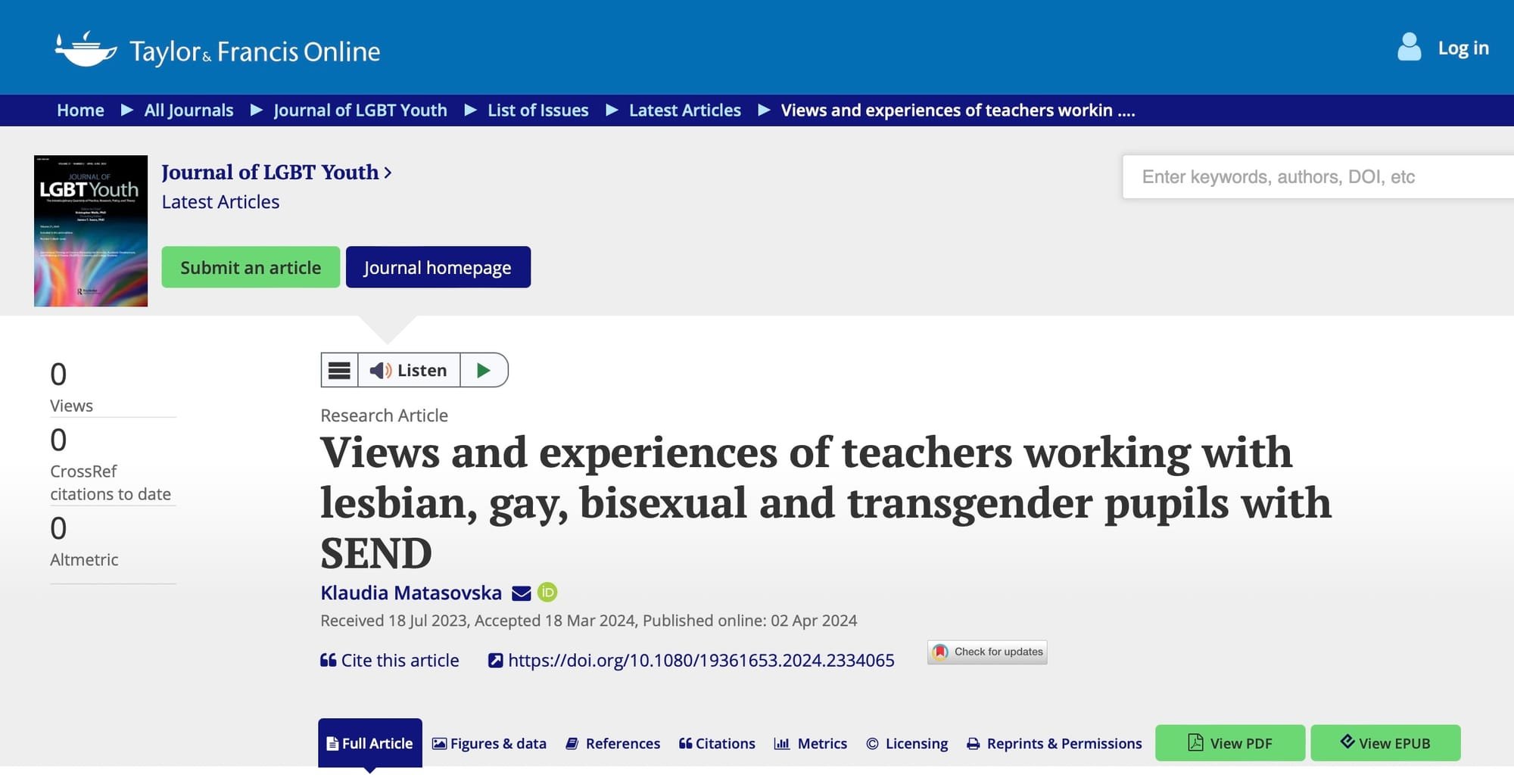 Views and Experiences of Teachers Working with Lesbian, Gay, Bisexual and Transgender Pupils with SEND