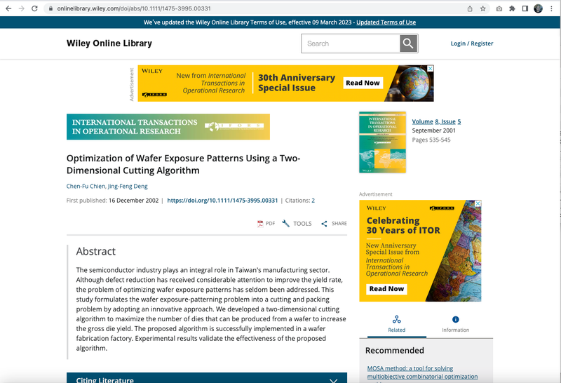 Paper: Optimization of Wafer Exposure Patterns Using a Two-Dimensional Cutting Algorithm