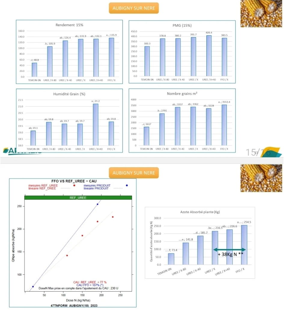ARVALIS: Essais sur maïs (18) 2023                                  OBJETIFS :                                   Alternatives à l'urée minéral -                   CAU : absorption d'azote