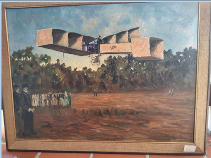 Pintura a óleo em tela, representando o voo do 14-Bis