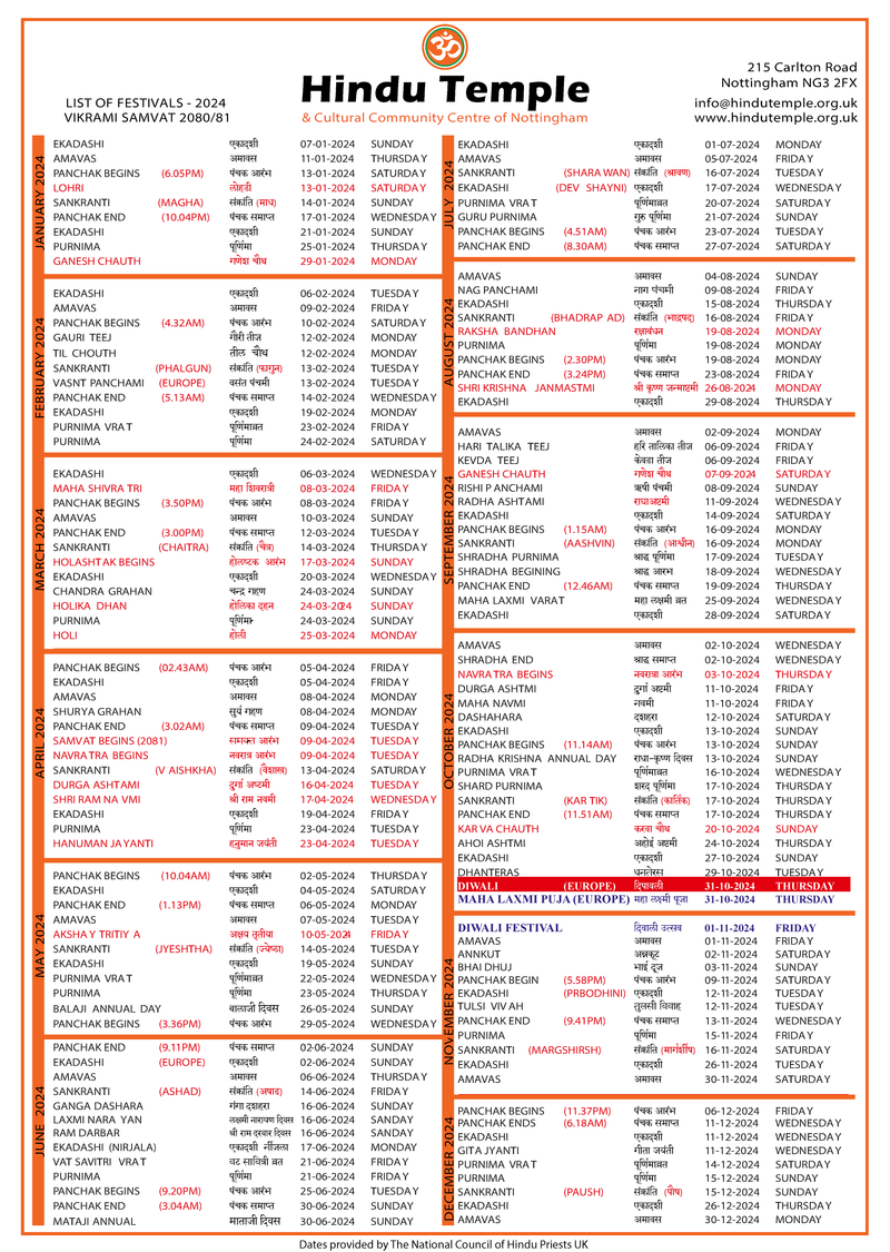 2024 Hindu Temple Calendar Hindu Temple Nottingham, Cultural