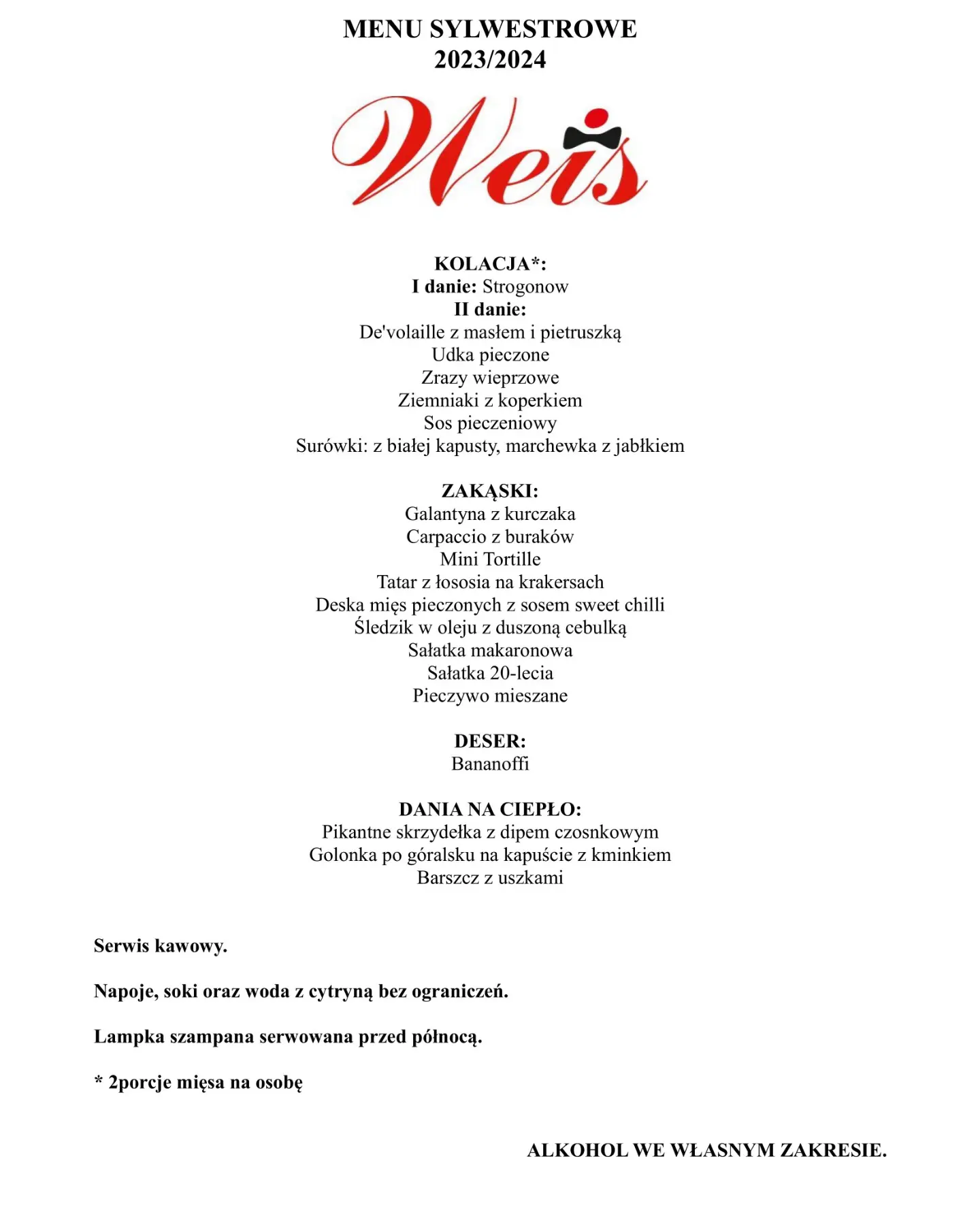 MENU SYLWESTROWE ORAZ PROMOCJA 290zł/os.