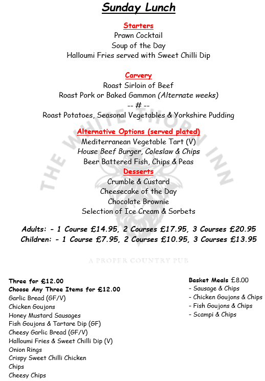 Sunday Lunch Menu