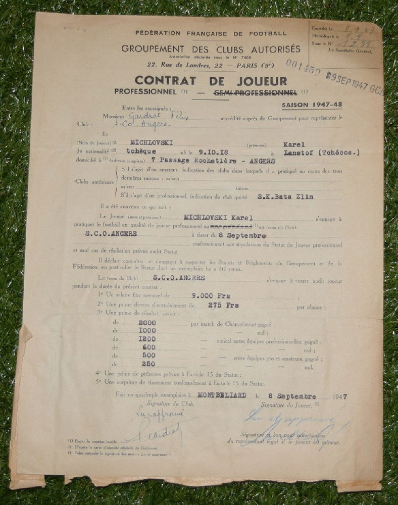 Contrat de joueur professionnel de Karel Michlovski, saison 1947-1948