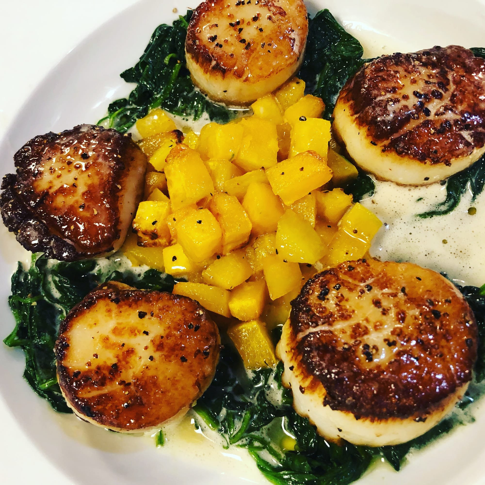 Pan Seared Scallops with Spinach & Butternut Squash