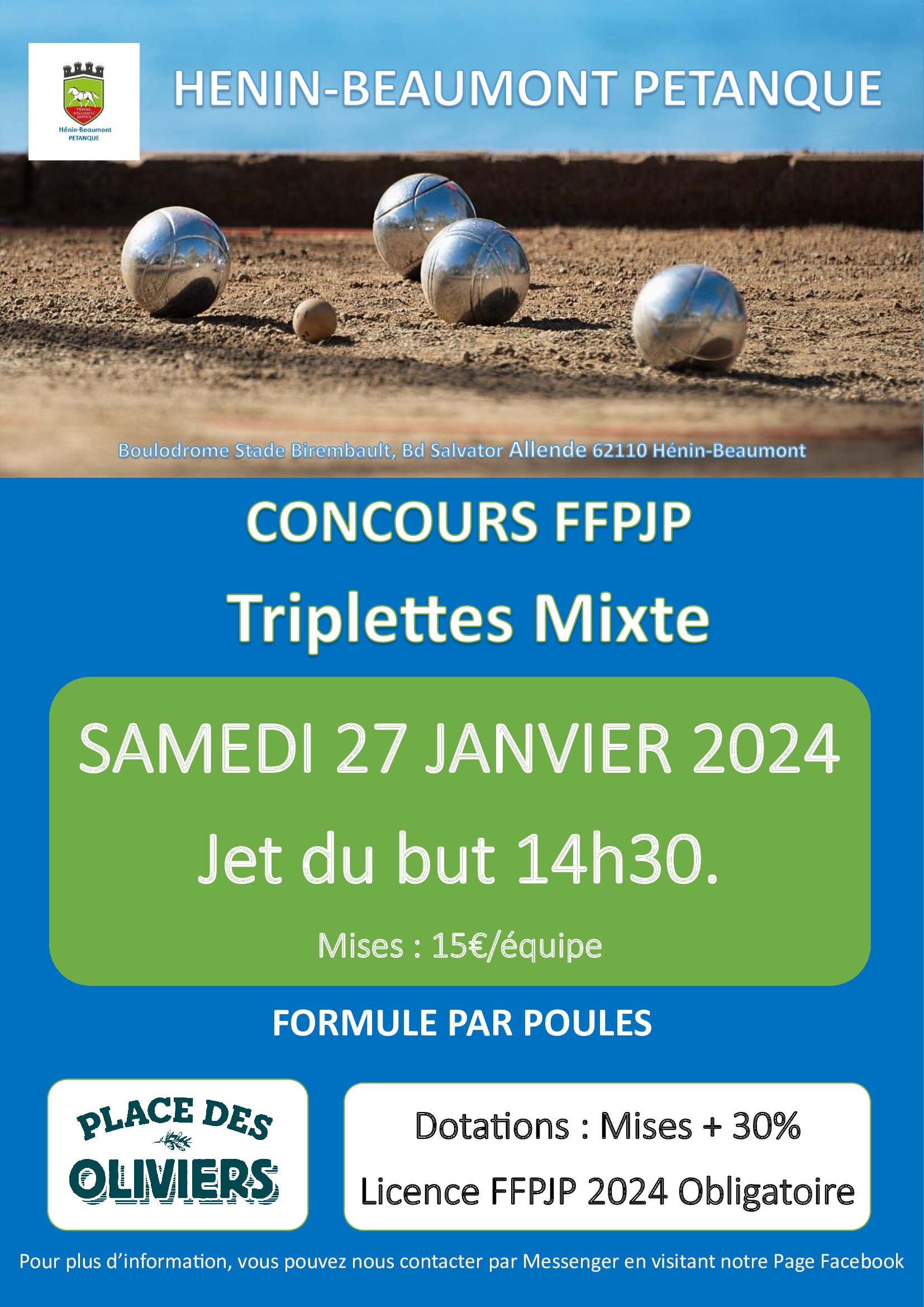 Concours en Triplettes Mixte FFPJP le 27/01/2024