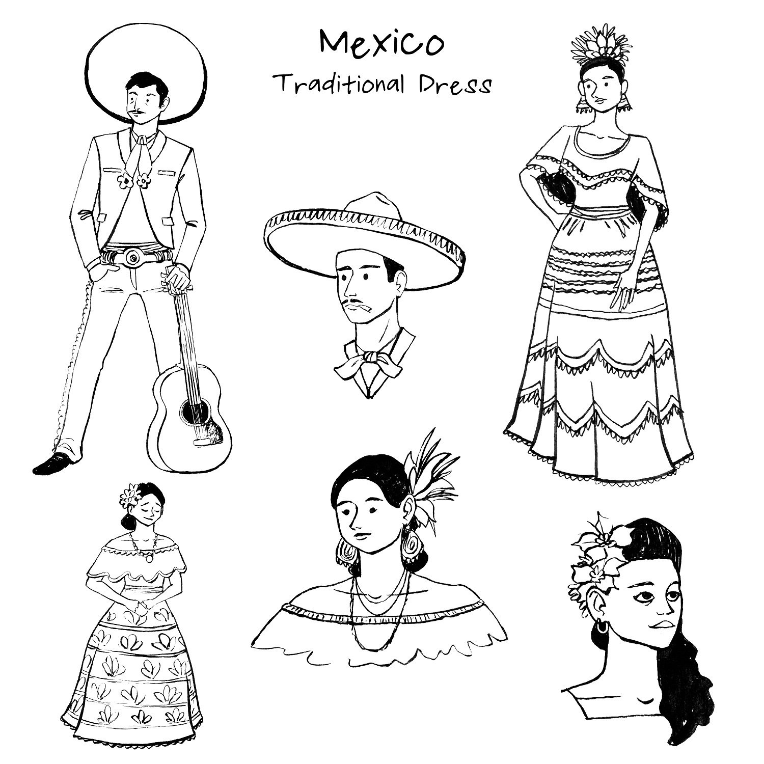 Mexican Men and Women Ink Illustrations