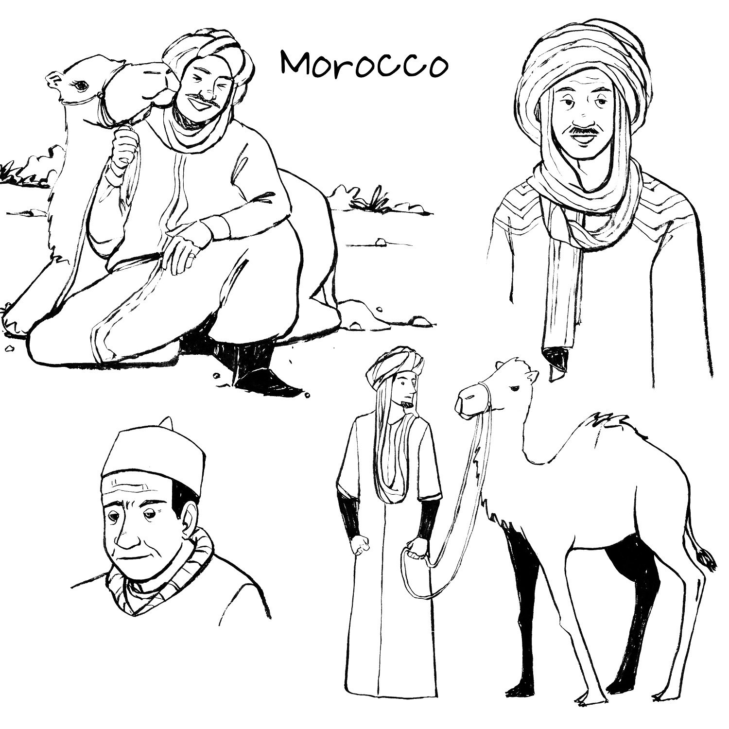 Ink Drawing of Morrocan Men and their Pet Camels