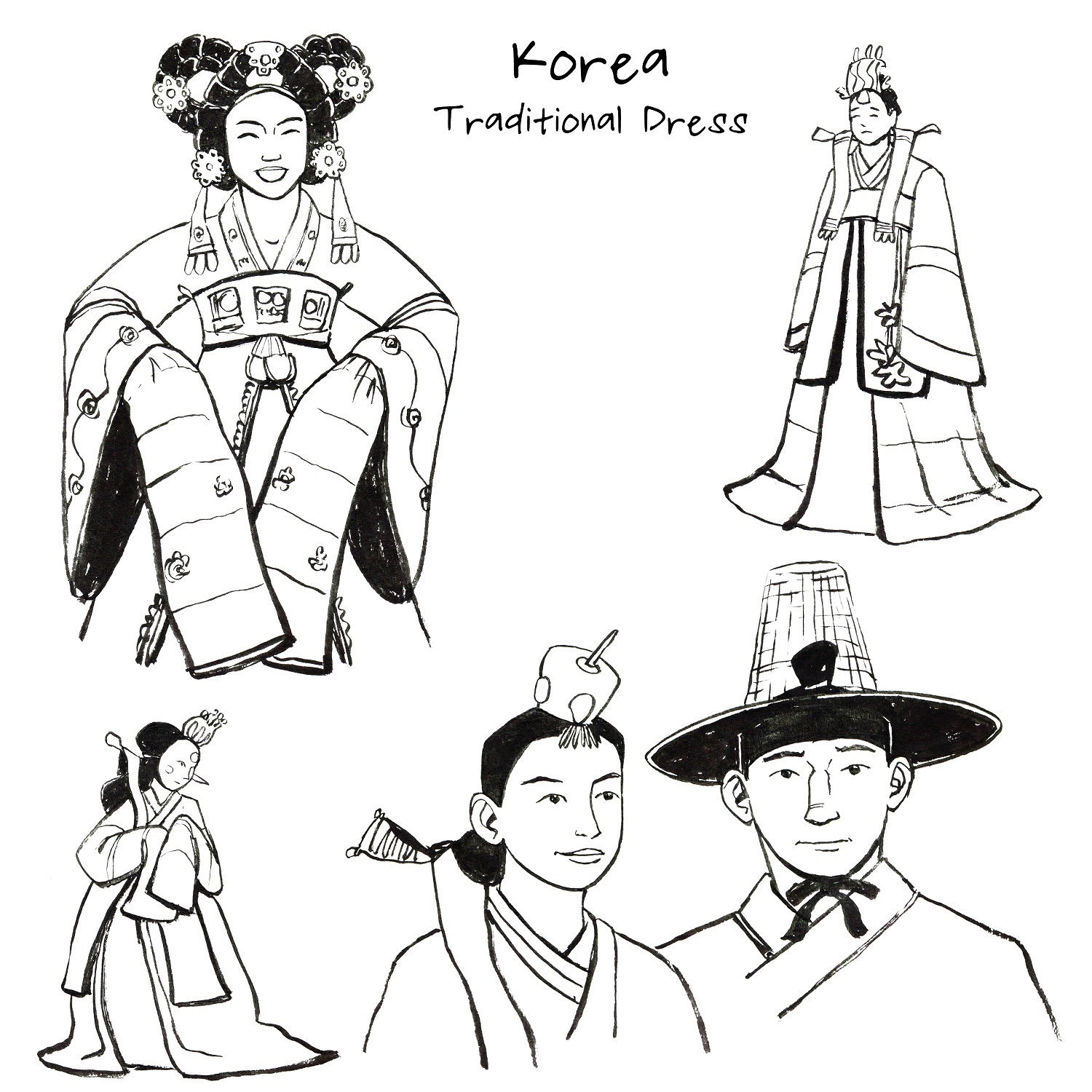 Korean Traditional Dress Ink Drawings