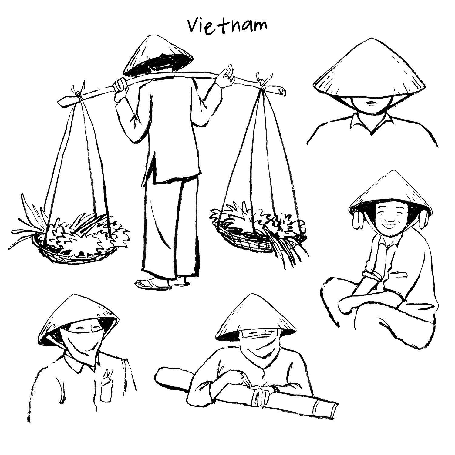Vietnamese Farmers Ink Drawing