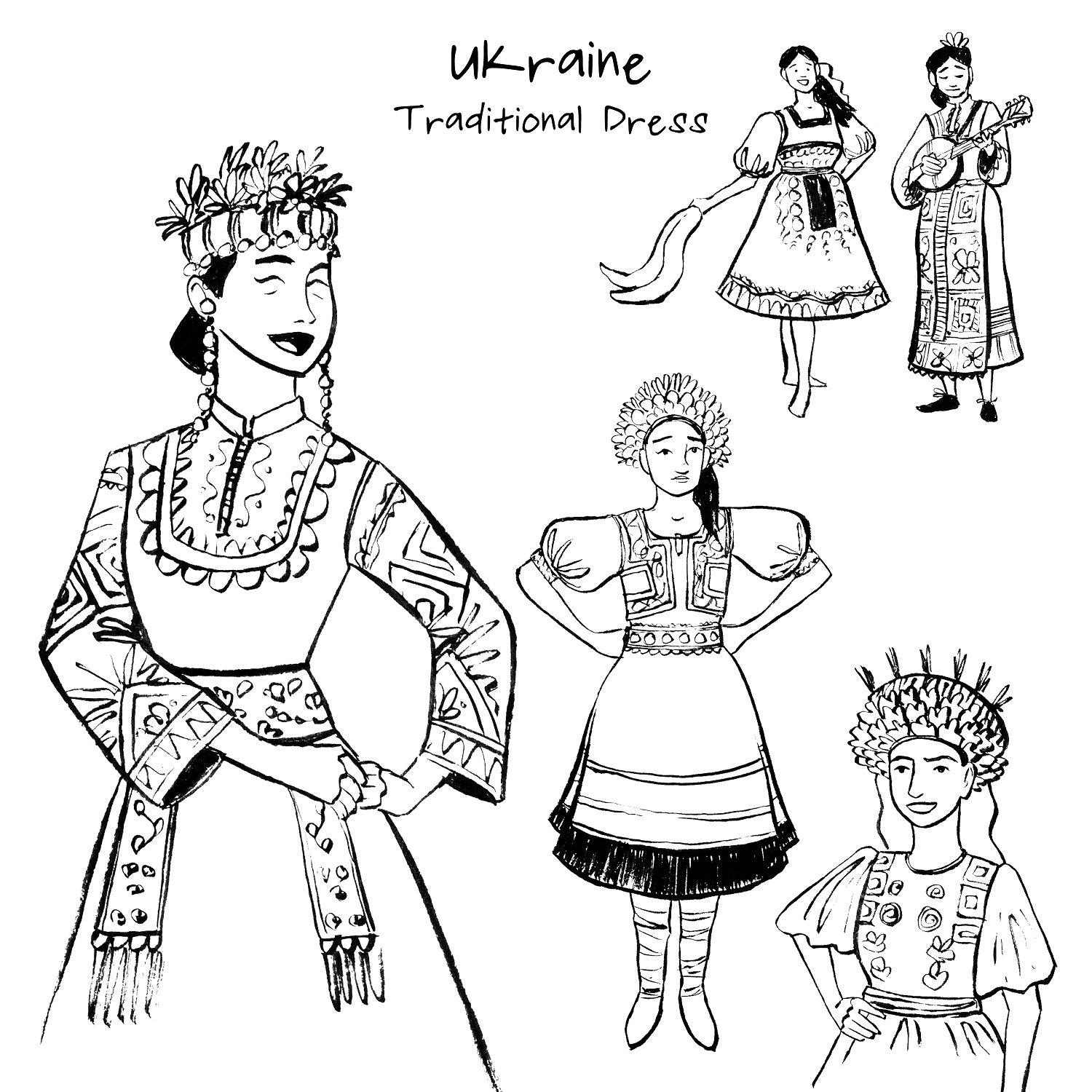 Ukraine Traditional dress Ink Drawing