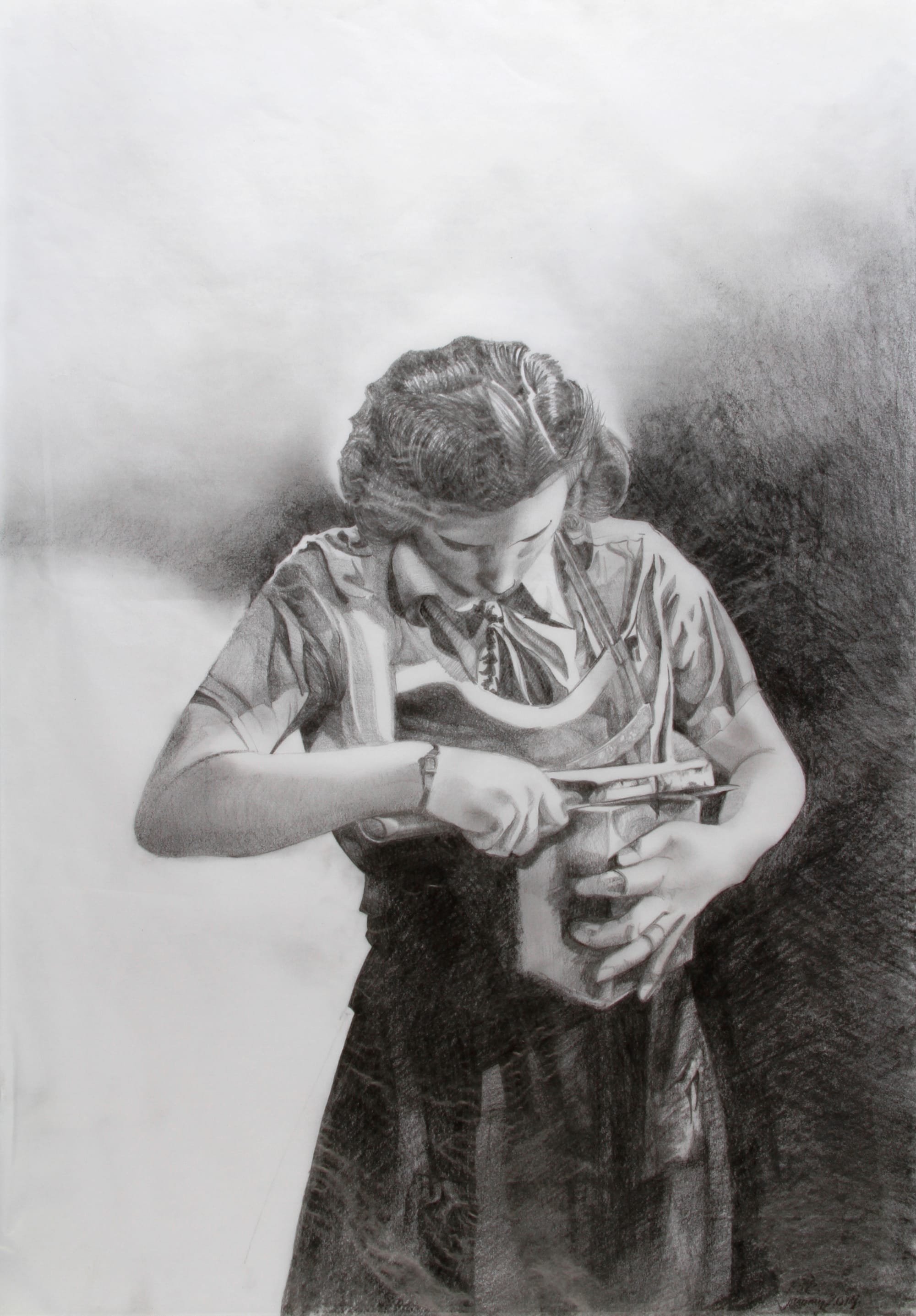 Woman cutting bread, Pencil on Tissue Paper,  H59 x W42cms, exhibited in solo show in Hannover, Germany