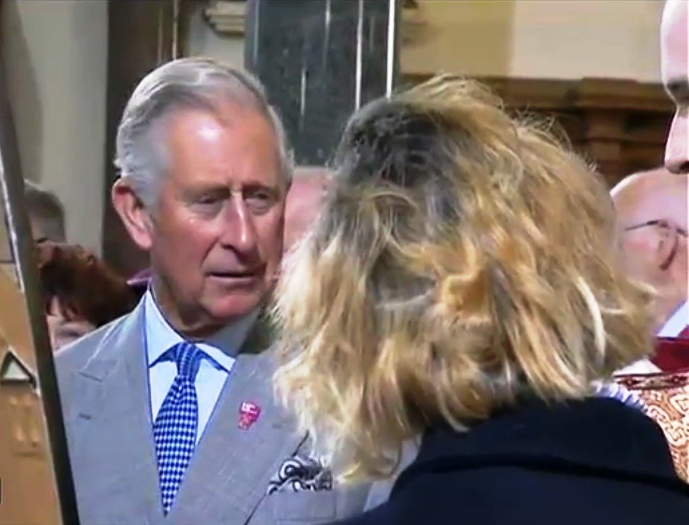Eve Parnell meets and discusses art with TRH The Prince of Wales and The Duchess of Cornwall in St. Patrick's Church Donegall Street, Belfast, 2015