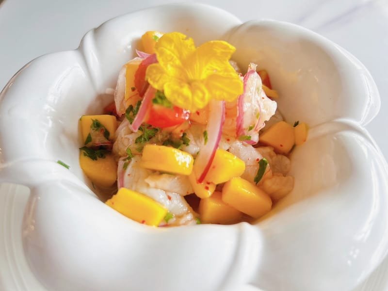 fish and prawn ceviche tropical with mango