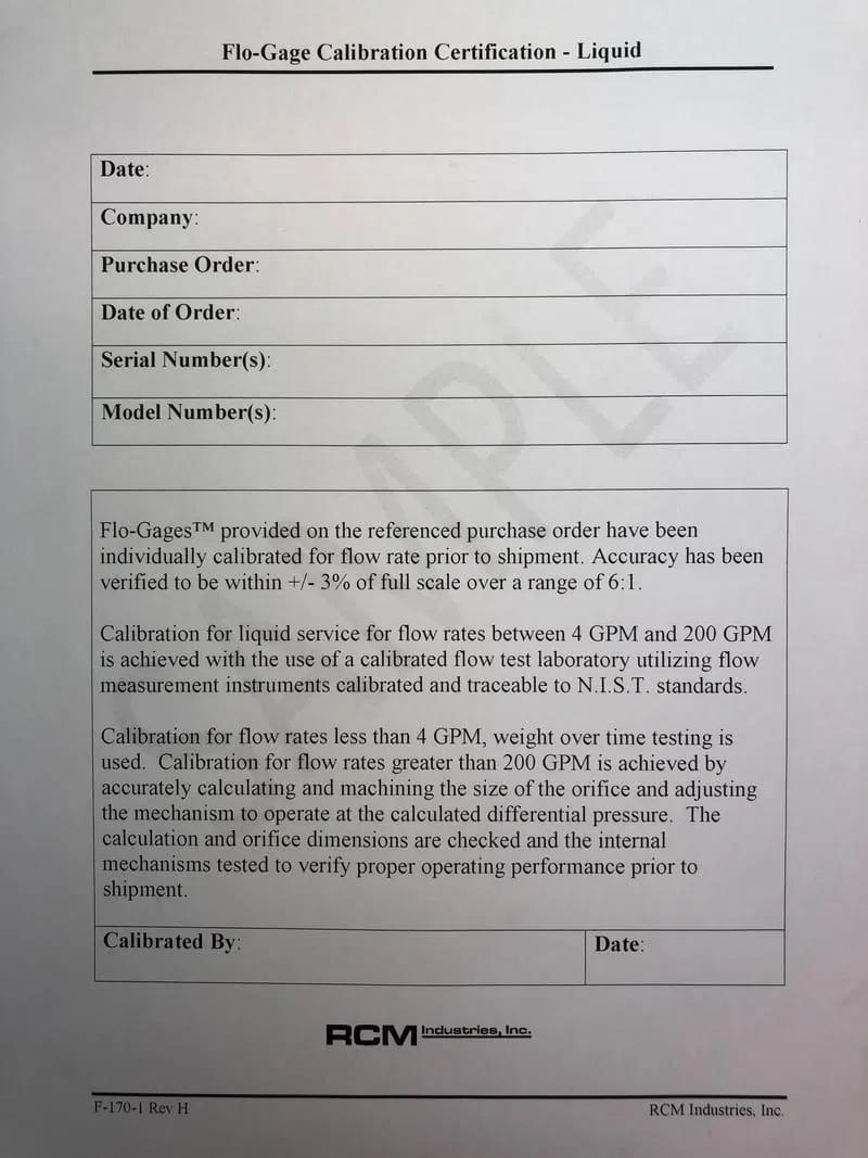 Product: Standard Calibration Certificate - Liquid - RCM Industries, Inc.